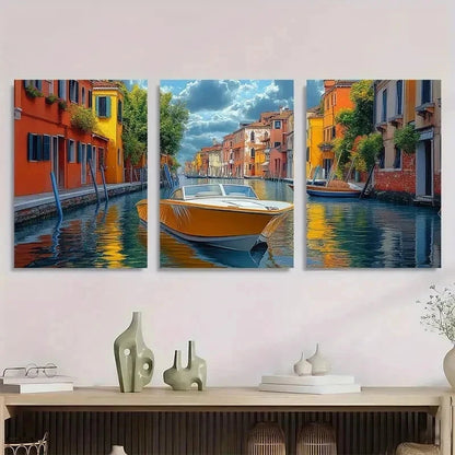 3pcs Venice Canal Colorful Waterfront Perfect Wall Art Set Canvas Framed 60x90cm - High Quality Print 100% Australian Made Wall Canvas Ready to Hang