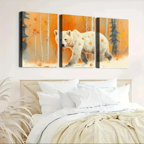 3pcs Bear in a Autumn Falling Leaves Forest Set Canvas Unframed - High Quality Print 100% Australian Made Wall Canvas - Bella Home Decor