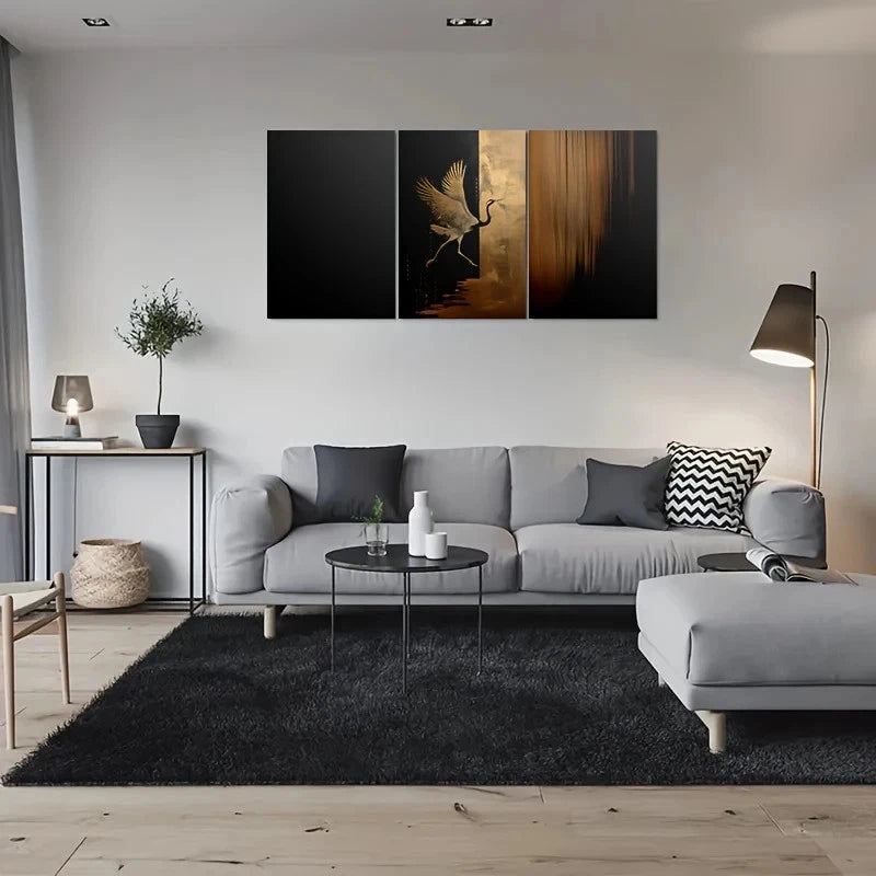 3pcs Black & Golden Crane Abstract Design Metal Print Ready to Hang Art - Bella Home Decor