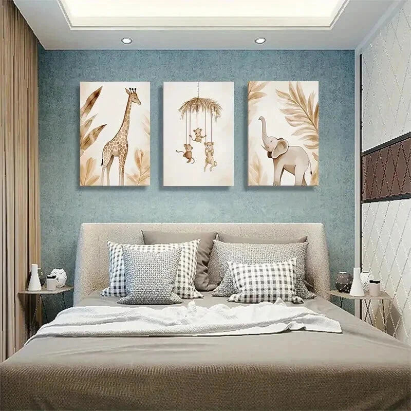 3pcs Safari Jungle Theme Animal Friends Perfect Wall Art Set Canvas Framed 50x70cm - High Quality Print 100% Australian Made Wall Canvas Ready to Hang