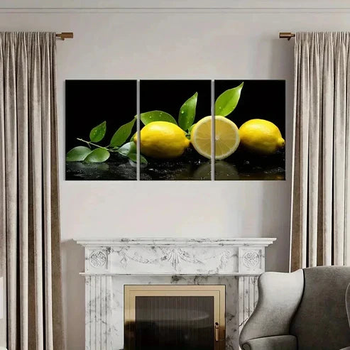 3pcs Vibrant Lemon & Green Leaf Design Wall Art Canvas Unframed - High Quality Print 100% Australian Made Wall Canvas