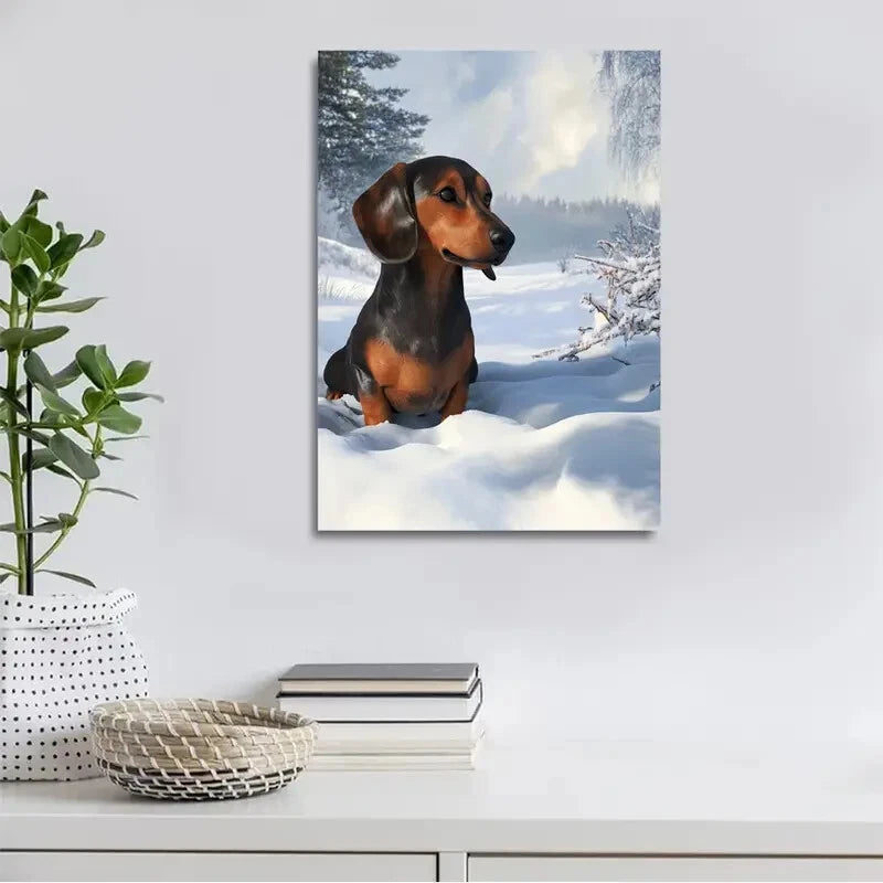 Beautiful Dachshund On The Snow Painting  40x60cm Metal Print Ready to Hang - Bella Home Decor