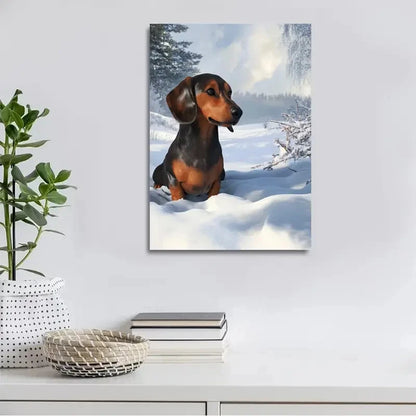Beautiful Dachshund On The Snow Painting  40x60cm Metal Print Ready to Hang - Bella Home Decor