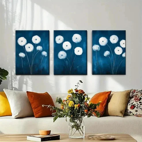 3pcs Elegant Floral Blue And White Flower Wall Art Set Canvas Unframed - High Quality Print 100% Australian Made Wall Canvas
