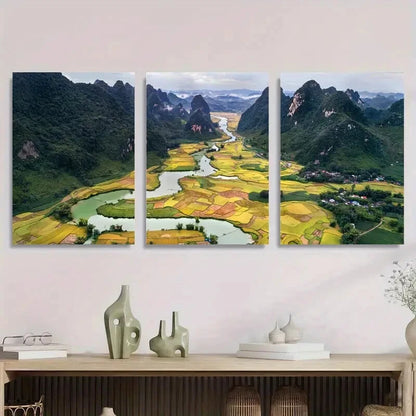 3pcs Serene Landscape of Mountain and Rice Fields Metal Print Ready to Hang Art