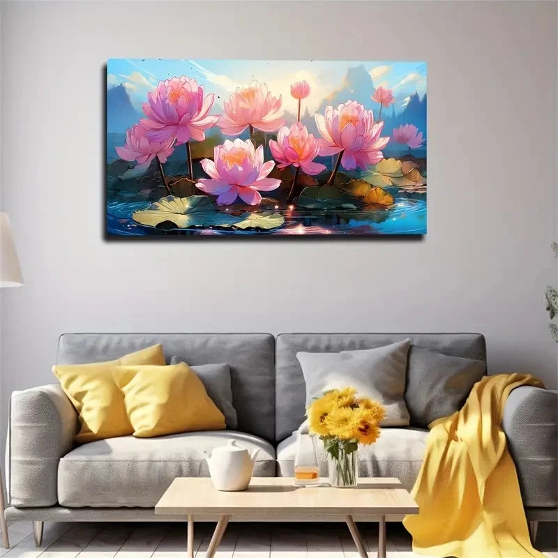 Elegant Lotus Flower Pink Bloom Wall Art Canvas Office Home Room Framed 120x60cm