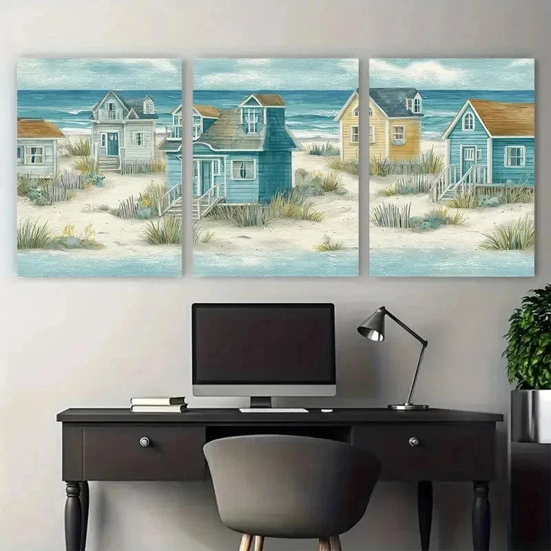 3pcs Ocean View Watercolor Shoreline Perfect Wall Art Set Canvas Framed 50x70cm - High Quality Print 100% Australian Made Wall Canvas Ready to Hang