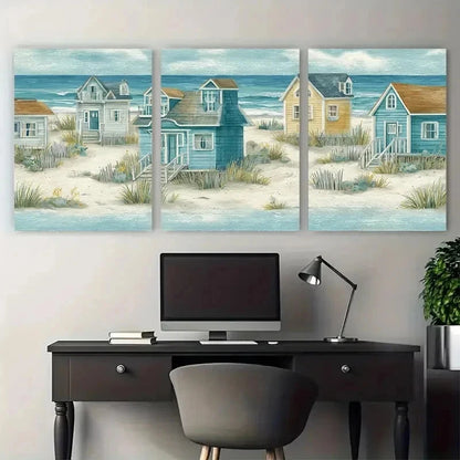 3pcs Ocean View Watercolor Shoreline Perfect Wall Art Set Canvas Framed 50x70cm - High Quality Print 100% Australian Made Wall Canvas Ready to Hang