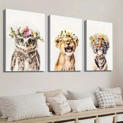 3pcs Adorable Animal Floral Crowns Perfect Wall Art Canvas Unframed - High Quality Print 100% Australian Made Wall Canvas - Bella Home Decor