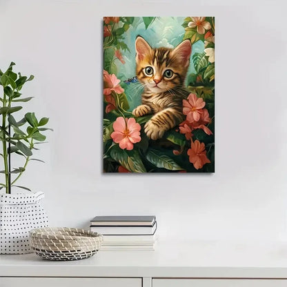 Featuring a Cute Cat & Flowers Painting 40x60cm Metal Print Ready to Hang