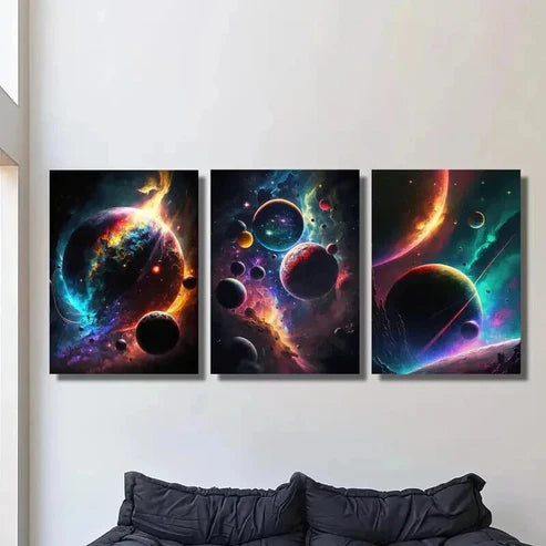 3pcs Colorful Space & Glowing Planets Wall Art Set Canvas Unframed - High Quality Print 100% Australian Made Wall Canvas - Bella Home Decor
