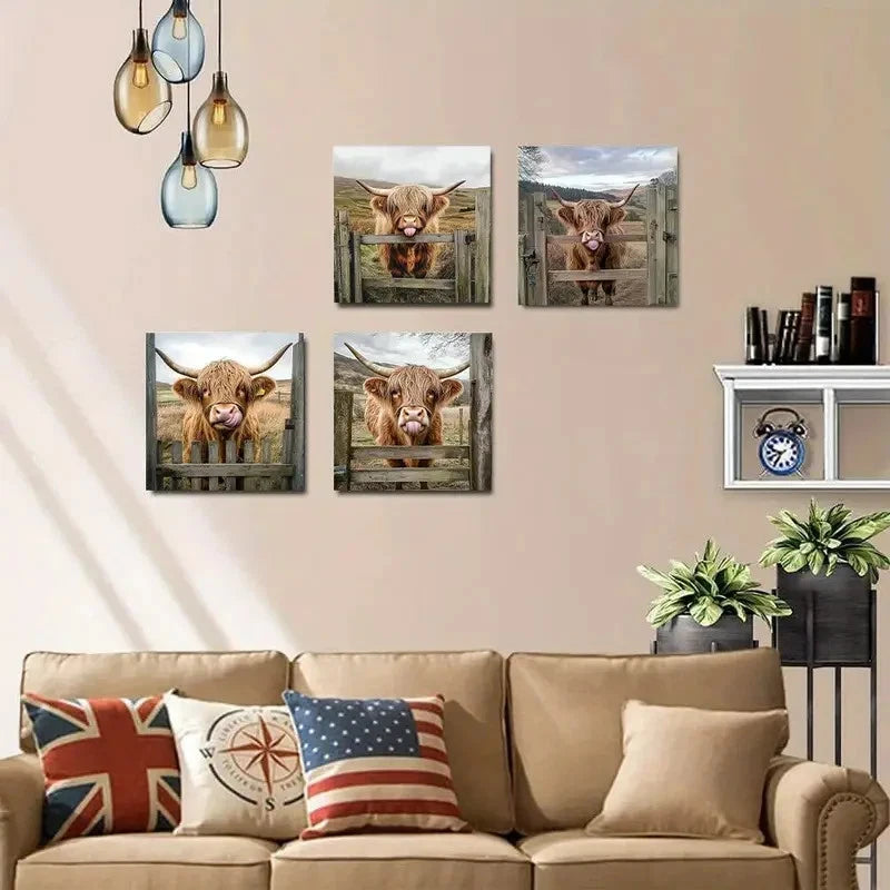 4pcs Charming Highland Cow Wall Art Canvas Framed