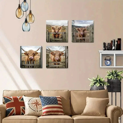 4pcs Charming Highland Cow Wall Art Canvas Framed