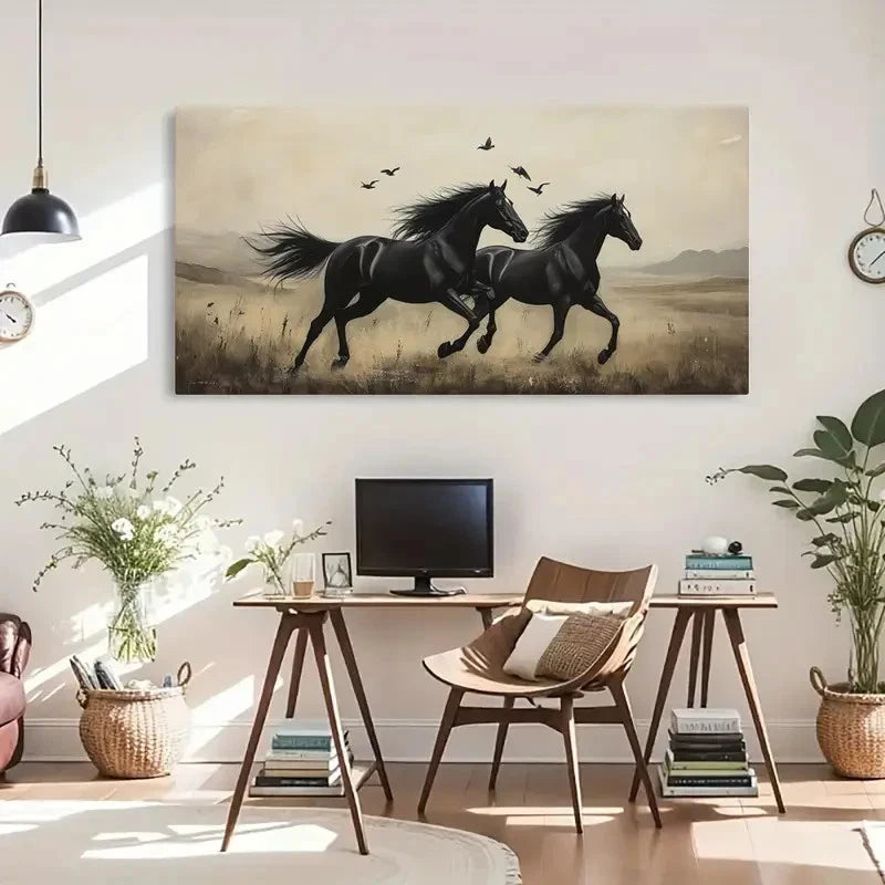 Deco Black Horses Retro Wall Art Canvas Office Home Room Framed 120x60cm