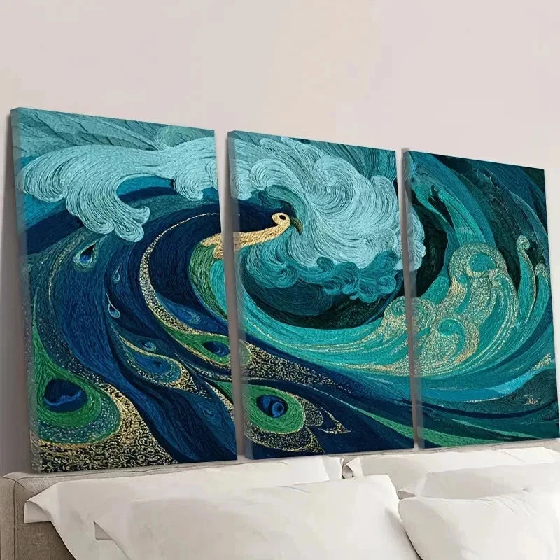 3pcs Crazy Waves Pear Rooster Colored Wall Art Set Canvas Framed 50x70cm - High Quality Print 100% Australian Made Wall Canvas Ready to Hang - Bella Home Decor