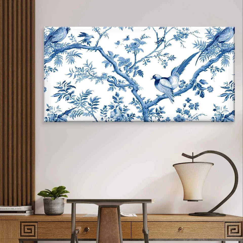 Vintage Blue and White Porcelain Wall Art Canvas Office Home Framed 120x60cm