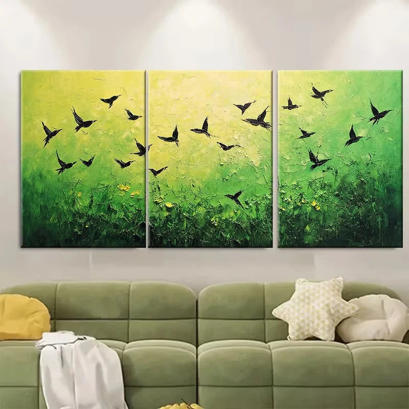 3pcs , Green Landscape Birds Metal Print Ready to Hang Art - Bella Home Decor