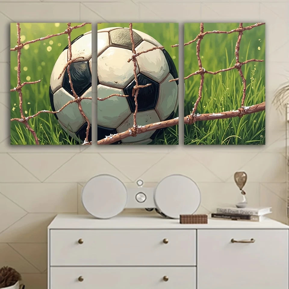 3pcs Soccer Ball in a Goal Net Wall Art Set Canvas Framed 60x90cm - High Quality Print 100% Australian Made Wall Canvas Ready to Hang