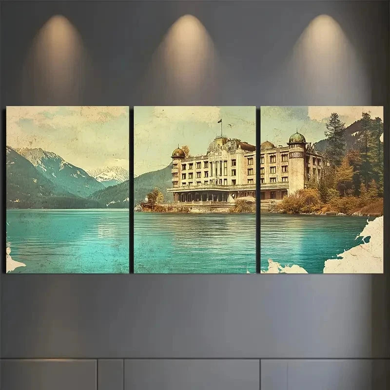 3pcs Vintage Hotel by Turquoise Lake VHTL Wall Art Set Canvas Framed 50x70cm - High Quality Print 100% Australian Made Wall Canvas Ready to Hang - Bella Home Decor