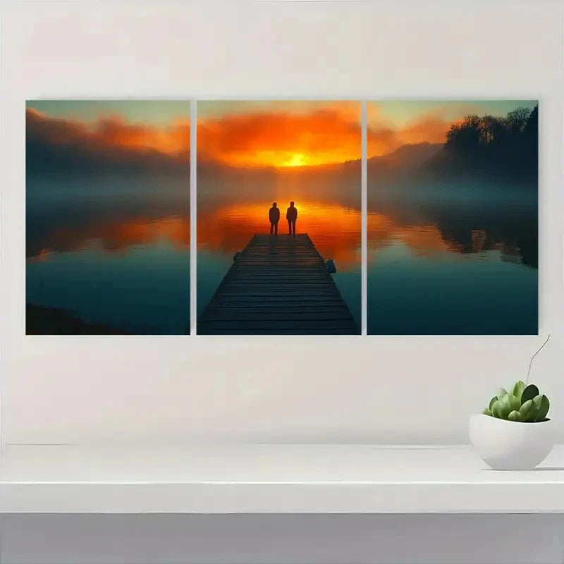 3pcs Dockside Serene Figures Over Water Q   Wall Art Set Canvas Framed 40x60cm - High Quality Print 100% Australian Made Wall Canvas Ready to Hang - Bella Home Decor
