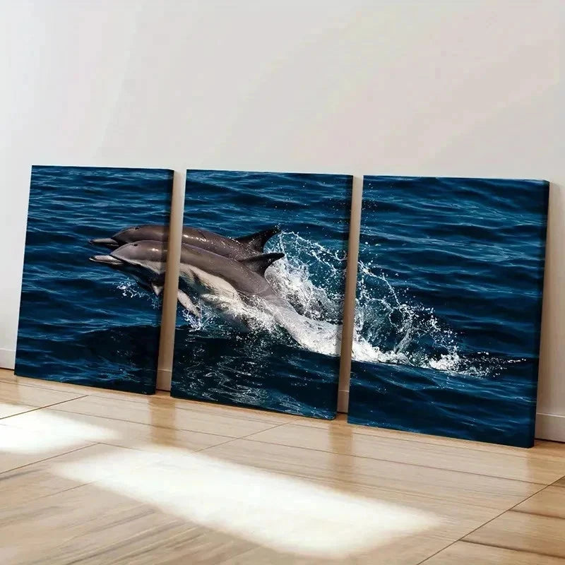 3pcs Dolphins Jumping Out Of The Sea Marine Life Wall Art Set Canvas Framed 40x60cm - High Quality Print 100% Australian Made Wall Canvas Ready to Hang - Bella Home Decor