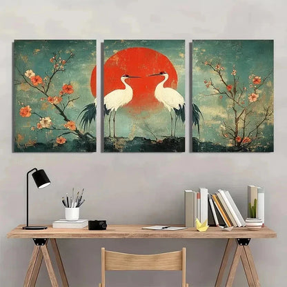 3pcs Two Cranes Utagawa Hiroshige Perfect Wall Art Set Canvas Framed 60x90cm - High Quality Print 100% Australian Made Wall Canvas Ready to Hang