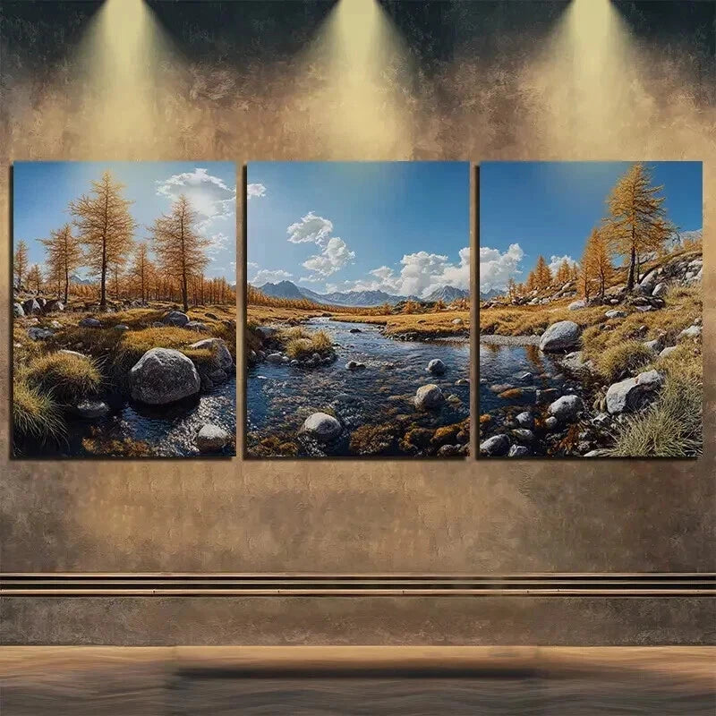 3pcs Autumn Mountains Rivers Nature Perfect Wall Art Set Canvas Framed 50x70cm - High Quality Print 100% Australian Made Wall Canvas Ready to Hang