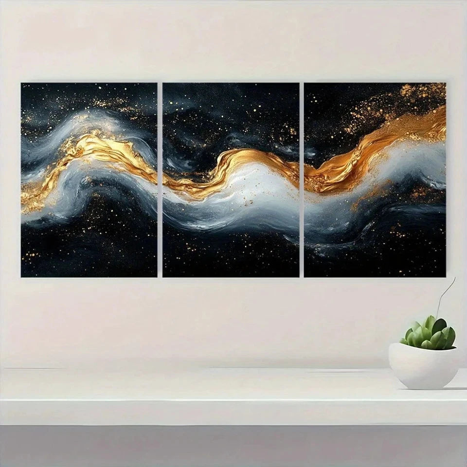 3pcs Black White Golden Swirl Design Metal Print Ready to Hang Art