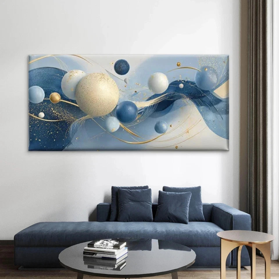Blue White Golden Beige Wall Art Canvas Office Home Room Framed 120x60cm