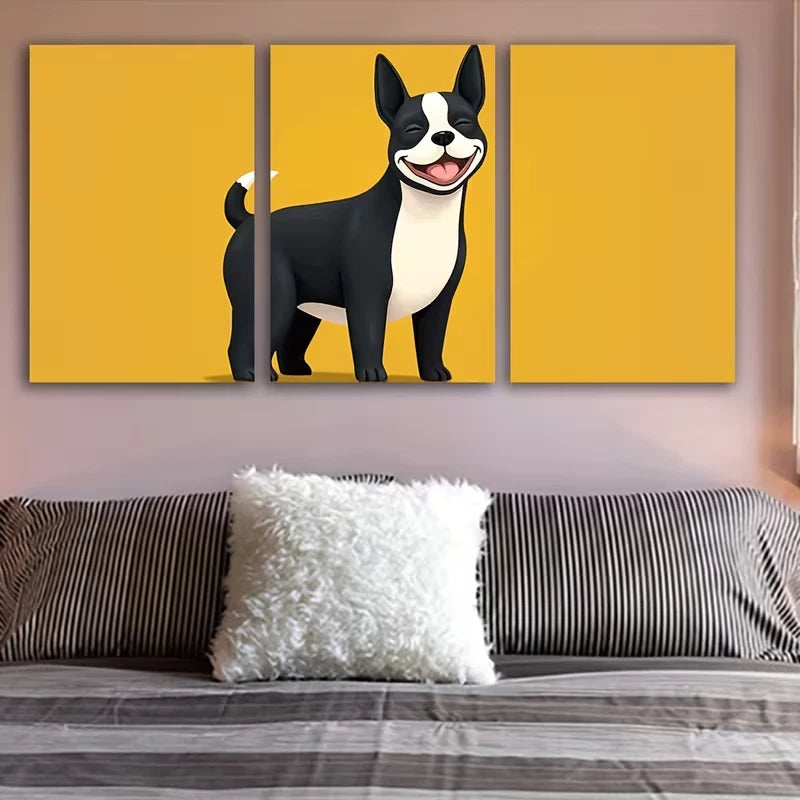 3pcs Cheerful Black and White Boston Terrier Wall Art Set Canvas Framed 60x90cm – High Quality Print 100% Australian Made Wall Canvas Ready to Hang - Bella Home Decor