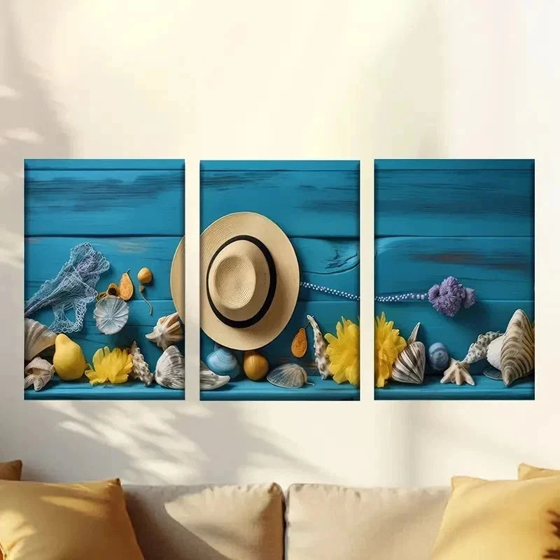 3pcs Beach-Themed Posters with Hat Wall Art Set Canvas Framed 50x70cm - High Quality Print 100% Australian Made Wall Canvas Ready to Hang - Bella Home Decor