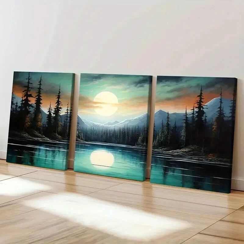 3pcs Mountains River Trees Moon Nature Landscape Wall Art Set Canvas Framed 40x60cm - High Quality Print 100% Australian Made Wall Canvas Ready to Hang