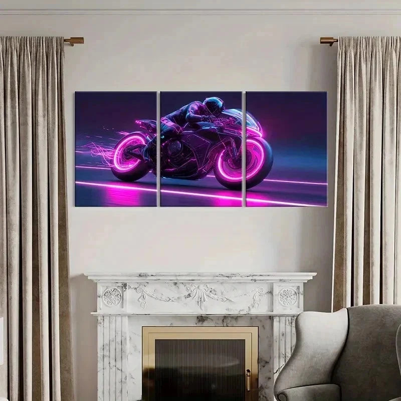 3pcs Cyberpunk Motorcycle Neon Pink & Purple Wall Art Set Canvas Framed 40x60cm - High Quality Print 100% Australian Made Wall Canvas Ready to Hang - Bella Home Decor