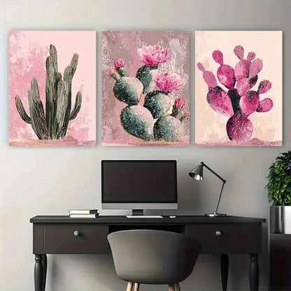 3pcs Pink Desert Cactus Aesthetic Perfect Wall Art Set Canvas Framed 50x70cm - High Quality Print 100% Australian Made Wall Canvas Ready to Hang