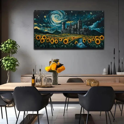 Starry Night Castle & Sunflower Wall Art Canvas Office Home Room Framed 120x60cm