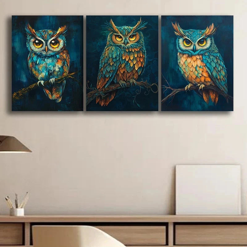 3pcs Full Body Owl Painting Bird Themed Metal Print Ready to Hang Art - Bella Home Decor