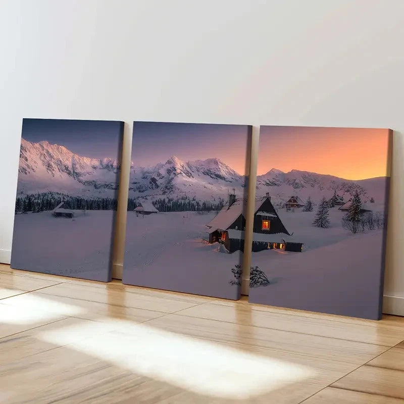 3pcs Snow Scene Cabin & Snow Mountain Landscape Wall Art Set Canvas Framed 60x90cm - High Quality Print 100% Australian Made Wall Canvas Ready to Hang