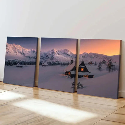 3pcs Snow Scene Cabin & Snow Mountain Landscape Wall Art Set Canvas Framed 60x90cm - High Quality Print 100% Australian Made Wall Canvas Ready to Hang