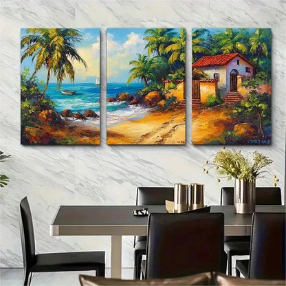 3pcs House Painting Karibbean Landscape Perfect Wall Art Set Canvas Framed 50x70cm - High Quality Print 100% Australian Made Wall Canvas Ready to Hang