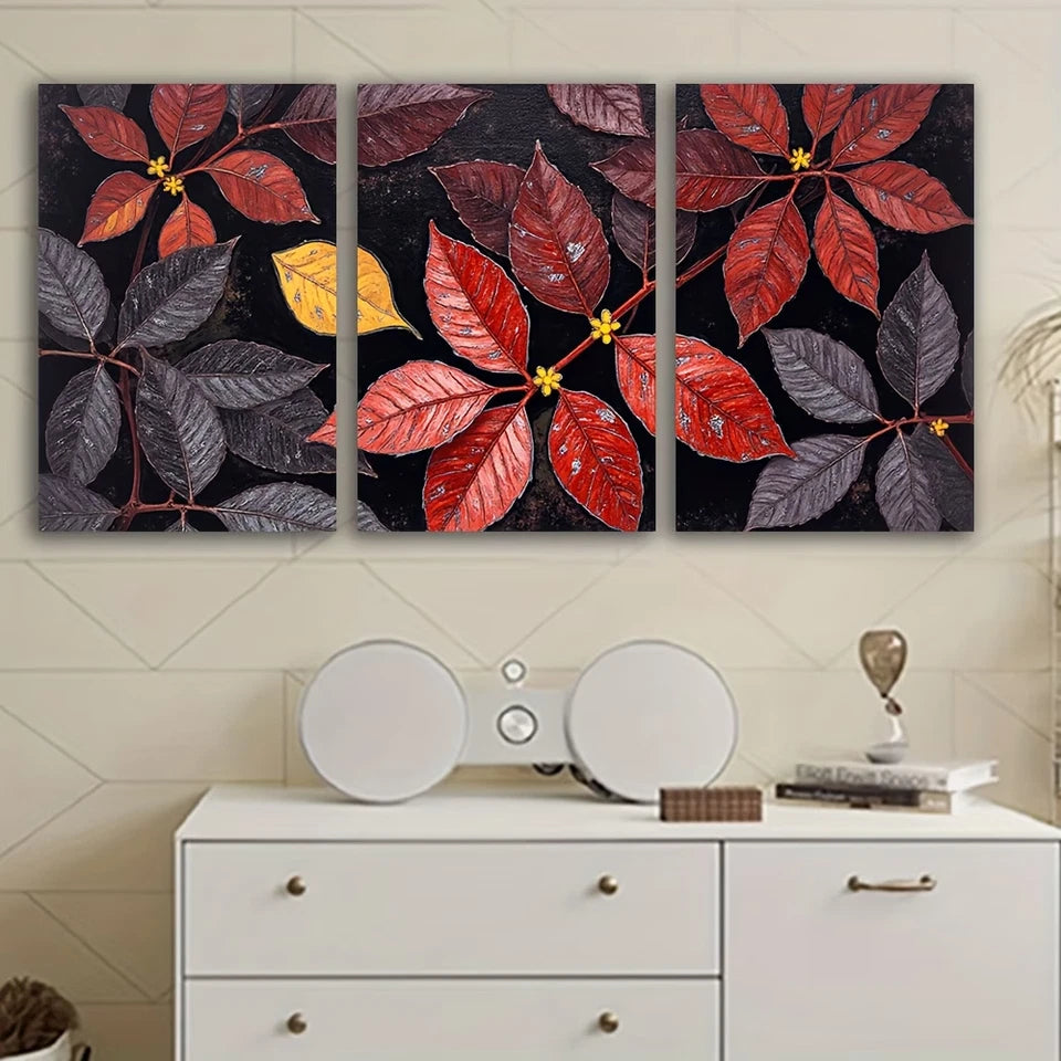 3pcs Red and Yellow Leaves Wall Art Set Canvas Framed 60x90cm - High Quality Print 100% Australian Made Wall Canvas Ready to Hang