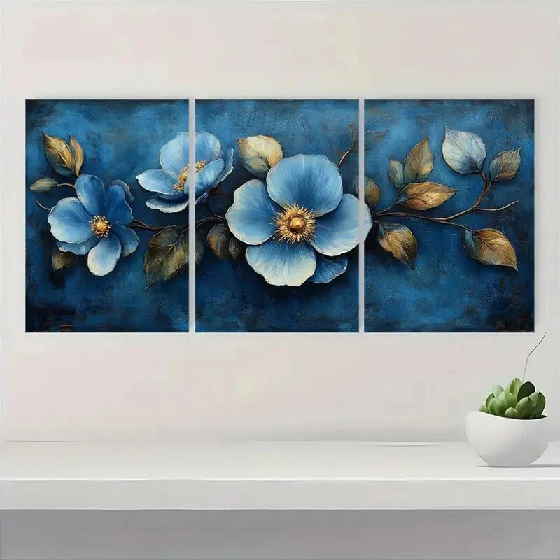 3pcs Vintage Blue Floral Bouquet Design Metal Print Ready to Hang Art - Bella Home Decor