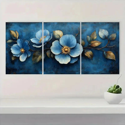 3pcs Vintage Blue Floral Bouquet Design Metal Print Ready to Hang Art - Bella Home Decor