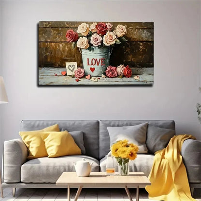 Pink Roses & Hearts Romantic Wall Art Canvas Office Home Room Framed 120x60cm