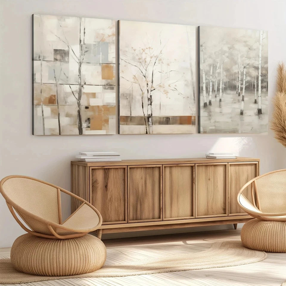 3pcs Nature Autumn Modern Gray Trees White Brown Wall Art Set Canvas Framed 50x70cm - High Quality Print 100% Australian Made Wall Canvas Ready to Hang