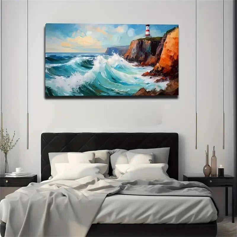 Vibrant Waves & Lighthouse Wall Art canvas Office Home Room Framed 120x60cm