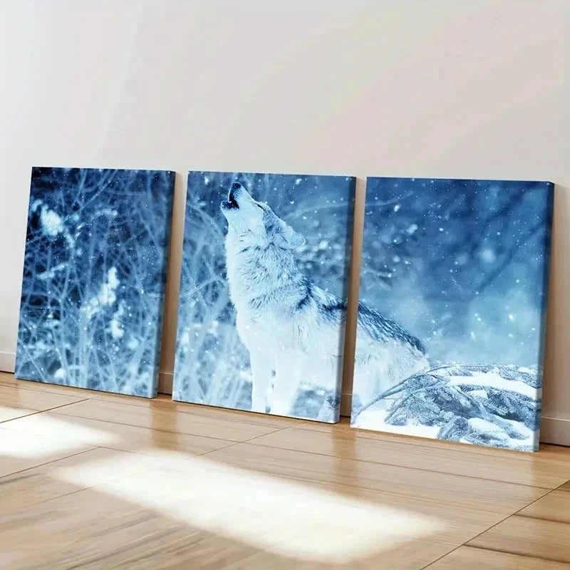 3pcs Wolf Howling In The Snow Decoration Wall Art Set Canvas Framed 50x70cm - High Quality Print 100% Australian Made Wall Canvas Ready to Hang - Bella Home Decor