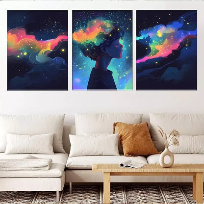 3pcs Colorful Abstract Dreamy Starry Sky Wall Art Set Canvas Framed 50x70cm - High Quality Print 100% Australian Made Wall Canvas Ready to Hang