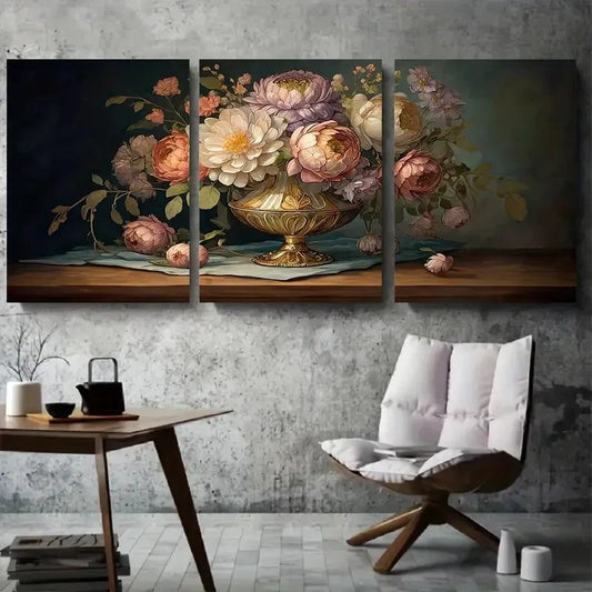 3pcs Vintage Peony Bouquet Oil Painting Wall Art Set Canvas Framed 60x90cm - High Quality Print 100% Australian Made Wall Canvas Ready to Hang