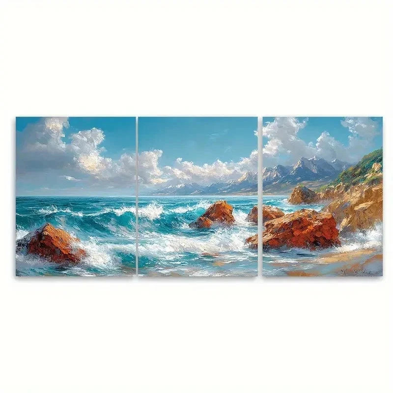 3pcs Rocky Turquoise Seascape DF   Wall Art Set Canvas Framed 60x90cm - High Quality Print 100% Australian Made Wall Canvas Ready to Hang