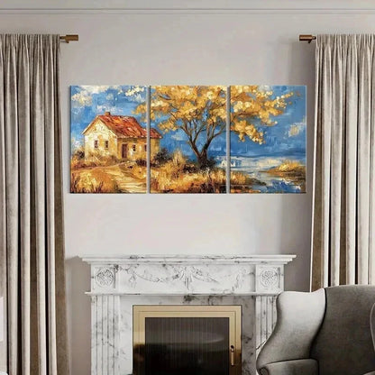 3pcs Autumn Cottage Golden Tree Serene Landscape Wall Art Set Canvas Framed 40x60cm - High Quality Print 100% Australian Made Wall Canvas Ready to Hang - Bella Home Decor
